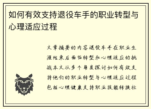 如何有效支持退役车手的职业转型与心理适应过程 如何有效支持退役车手的职业转型与心理适应过程