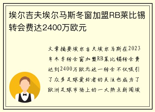 埃尔吉夫埃尔马斯冬窗加盟RB莱比锡转会费达2400万欧元